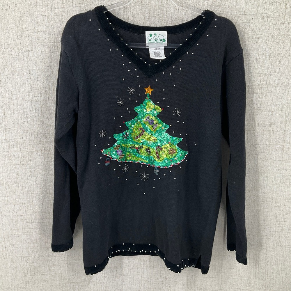 The Quacker Factory Sweater M Black Christmas Tree Sequin Holiday Whimsical